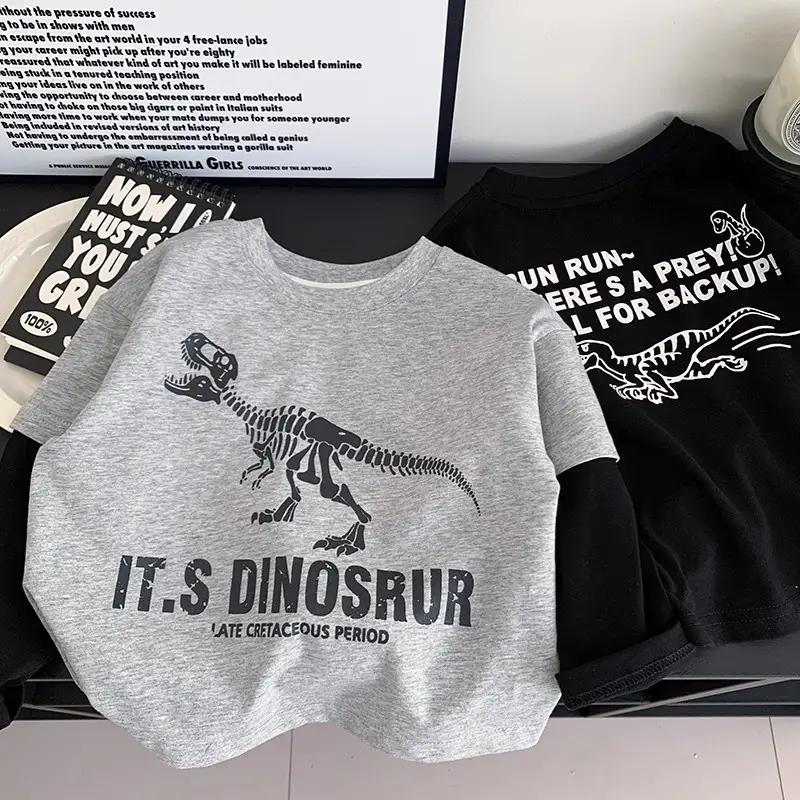 Children's Cartoon Dinosaur T-Shirt Grey Black Spring 2025 - Image 6