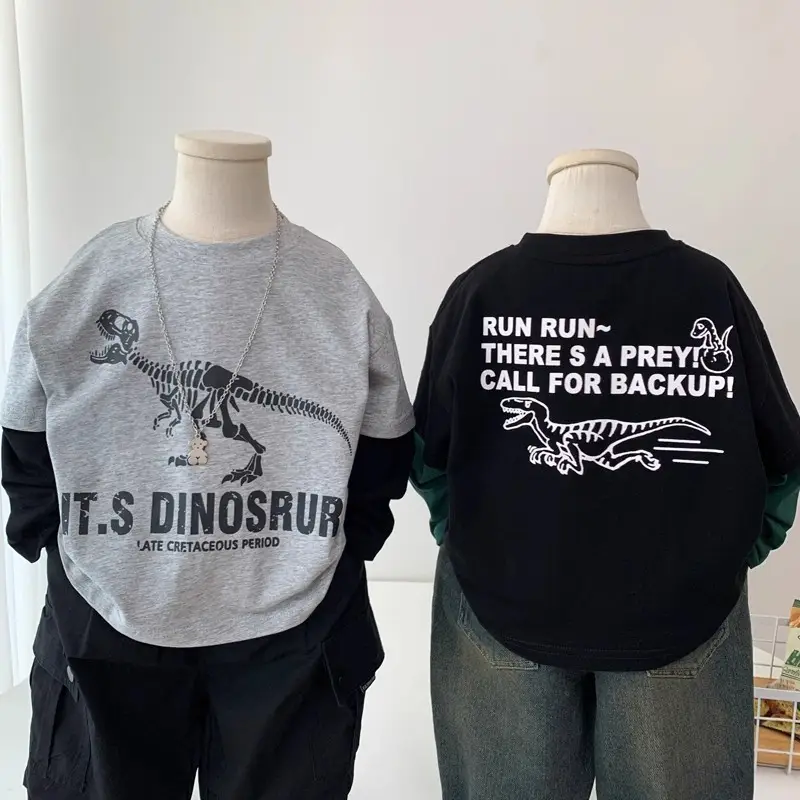 Children's Cartoon Dinosaur T-Shirt Grey Black Spring 2025 — feature 1