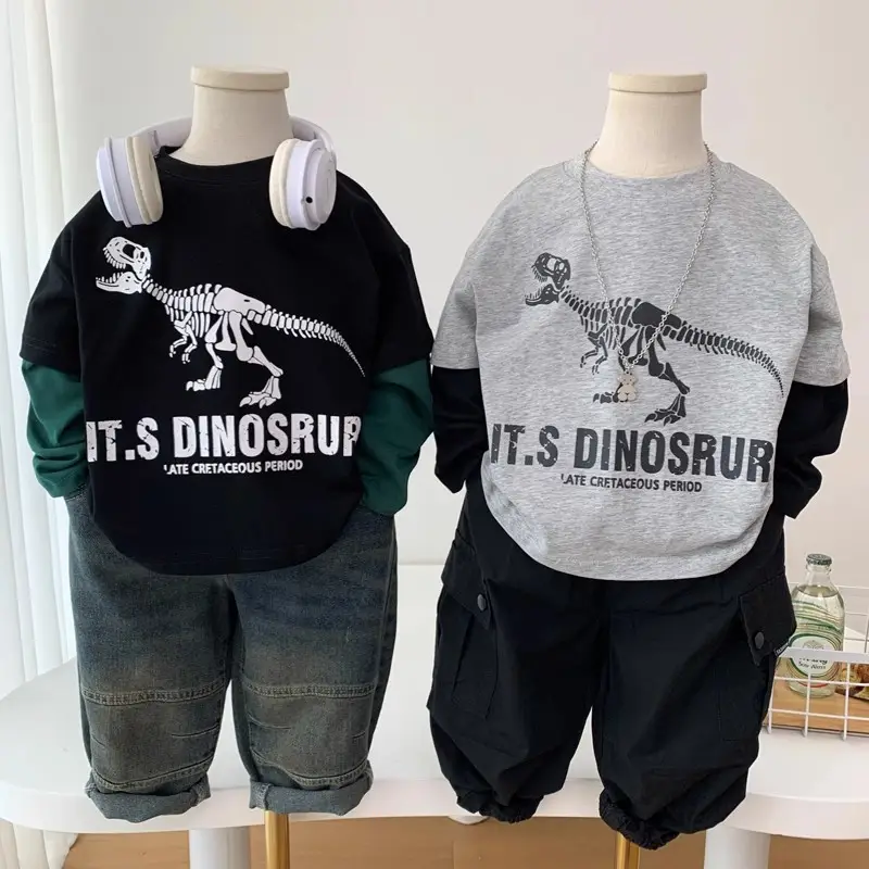Children's Cartoon Dinosaur T-Shirt Grey Black Spring 2025 — feature 2
