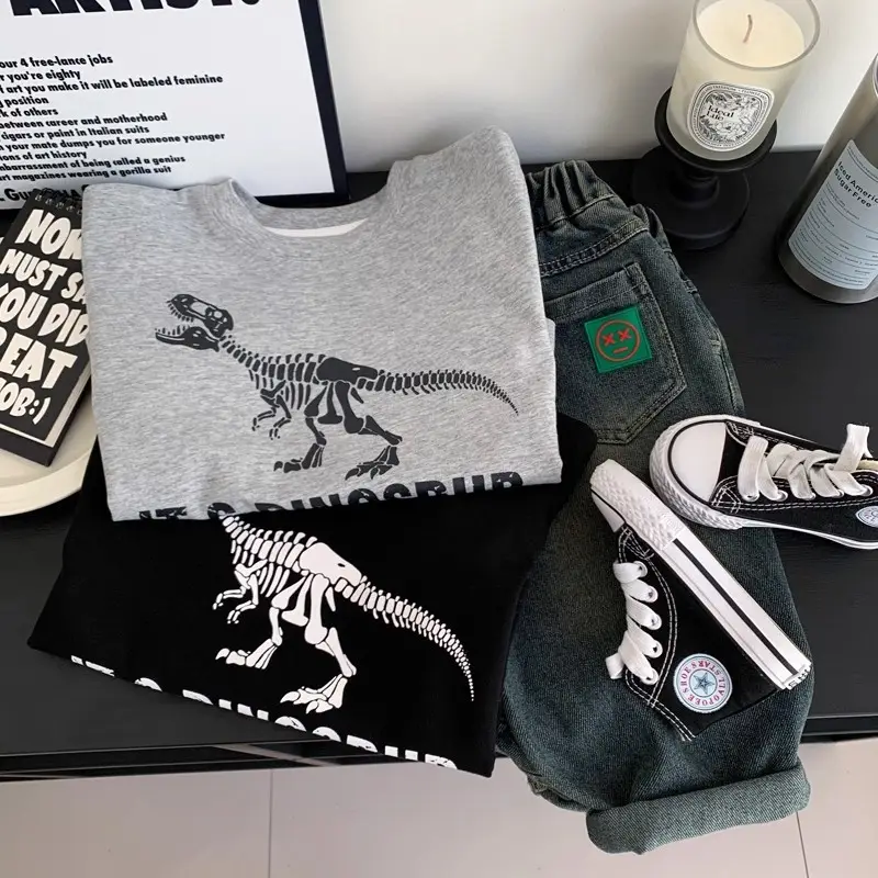 Children's Cartoon Dinosaur T-Shirt Grey Black Spring 2025 — feature 3