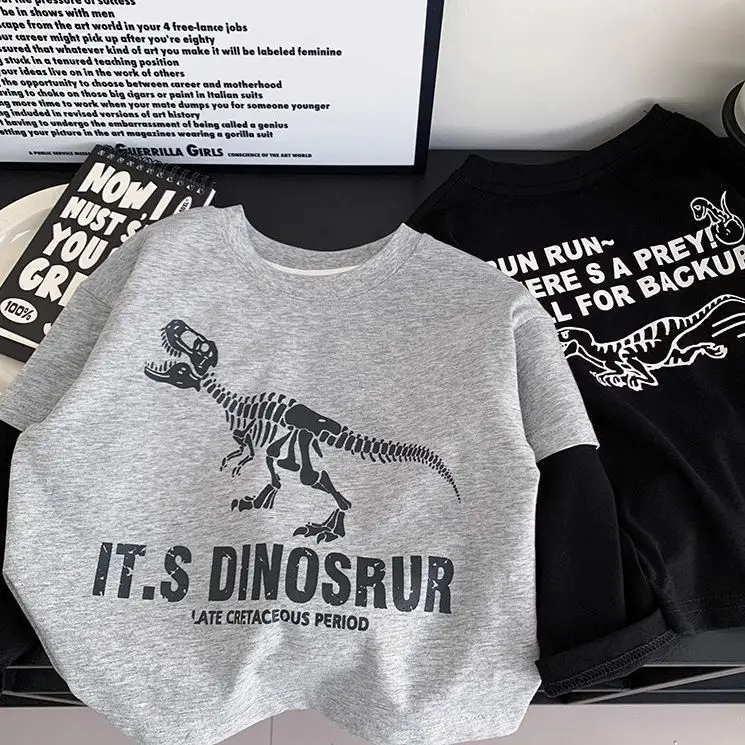 Children's Cartoon Dinosaur T-Shirt Grey Black Spring 2025 — feature 6