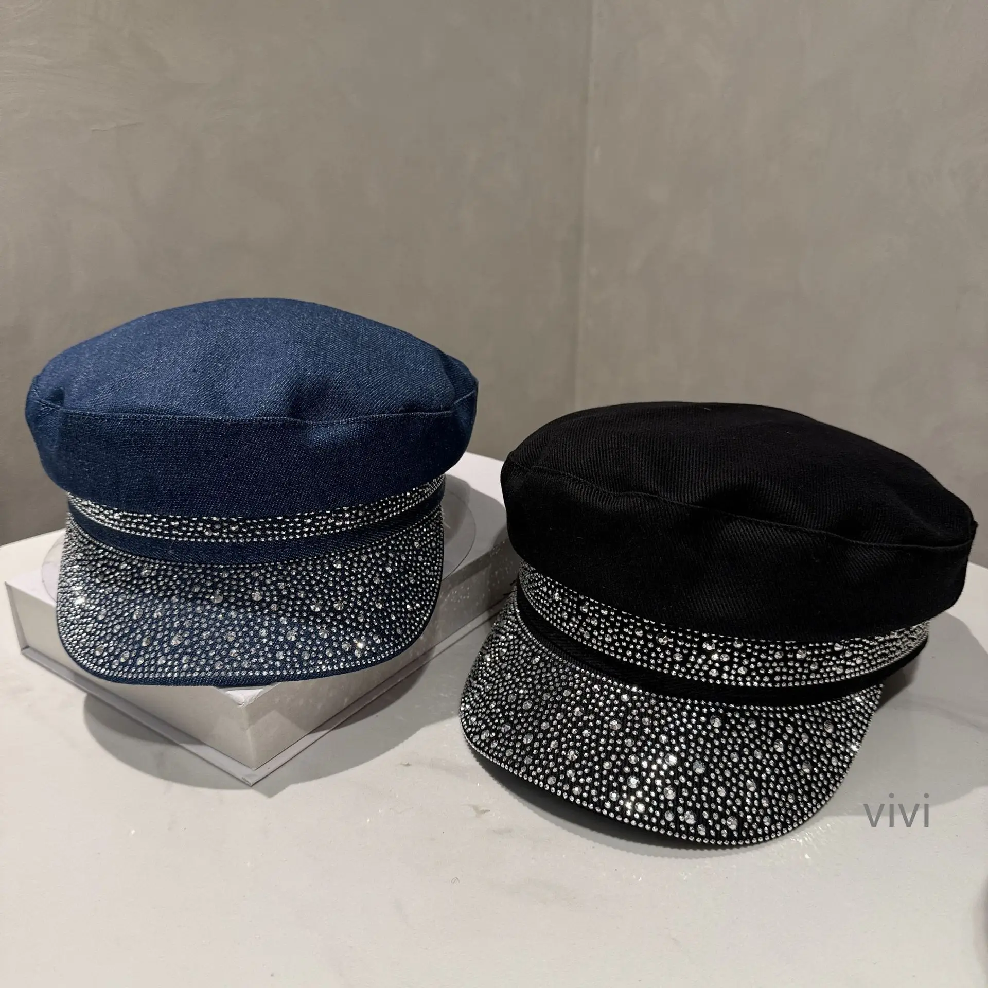 Women Korean Style Diamond Flat Cap Blue Black - Image 8