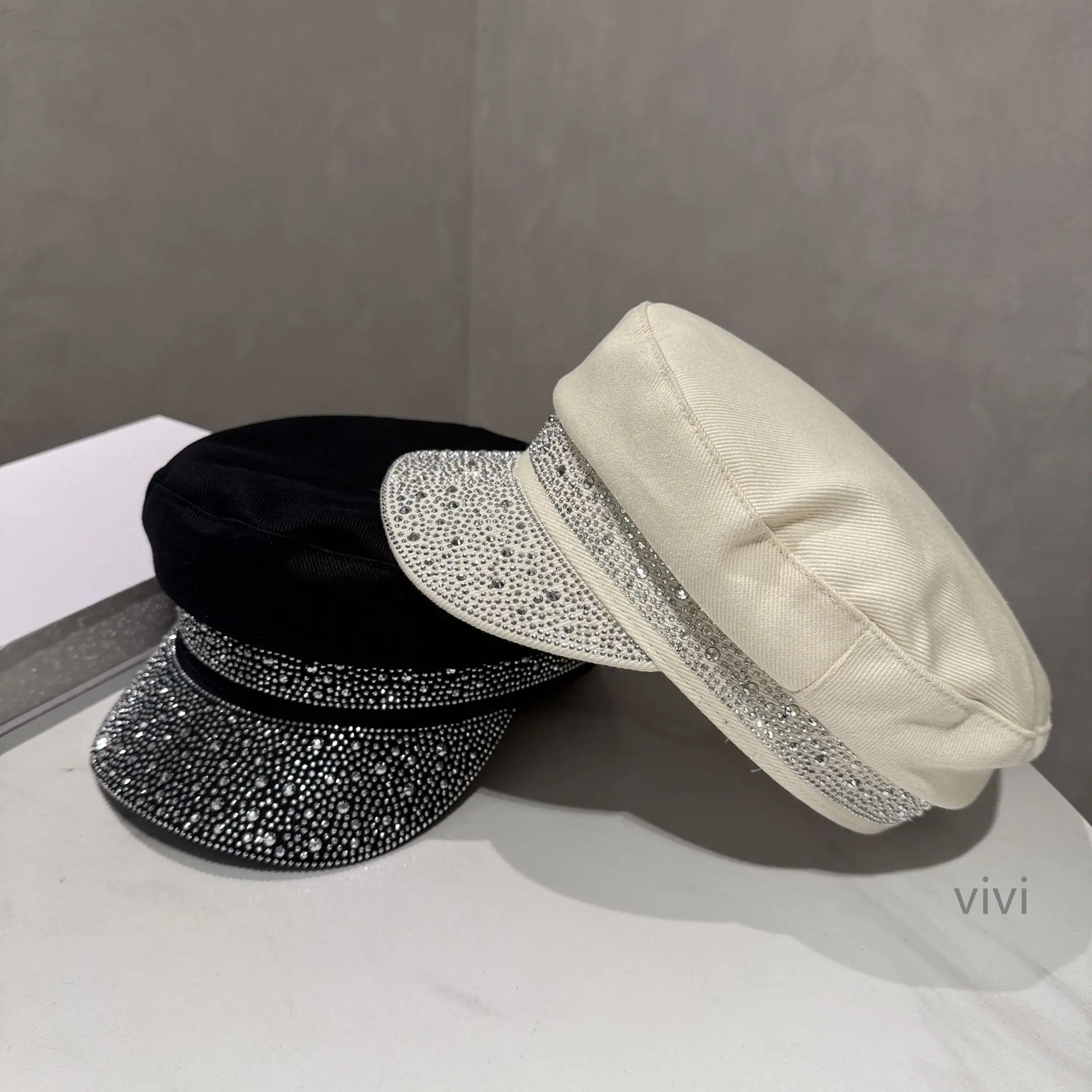 Women Korean Style Diamond Flat Cap Blue Black - Image 9