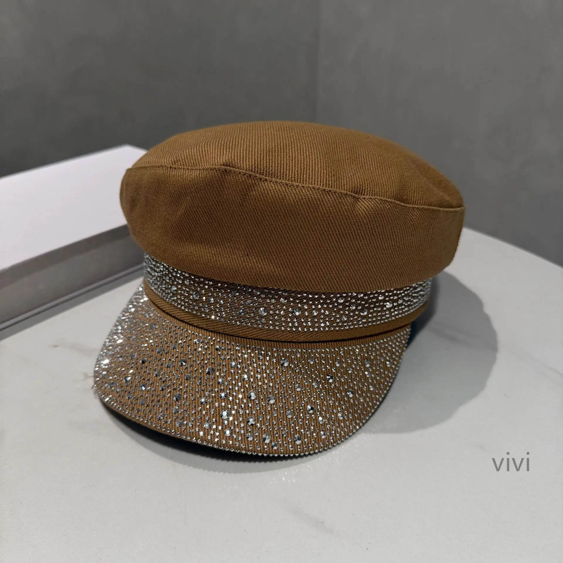 Women Korean Style Diamond Flat Cap Blue Black - Image 5