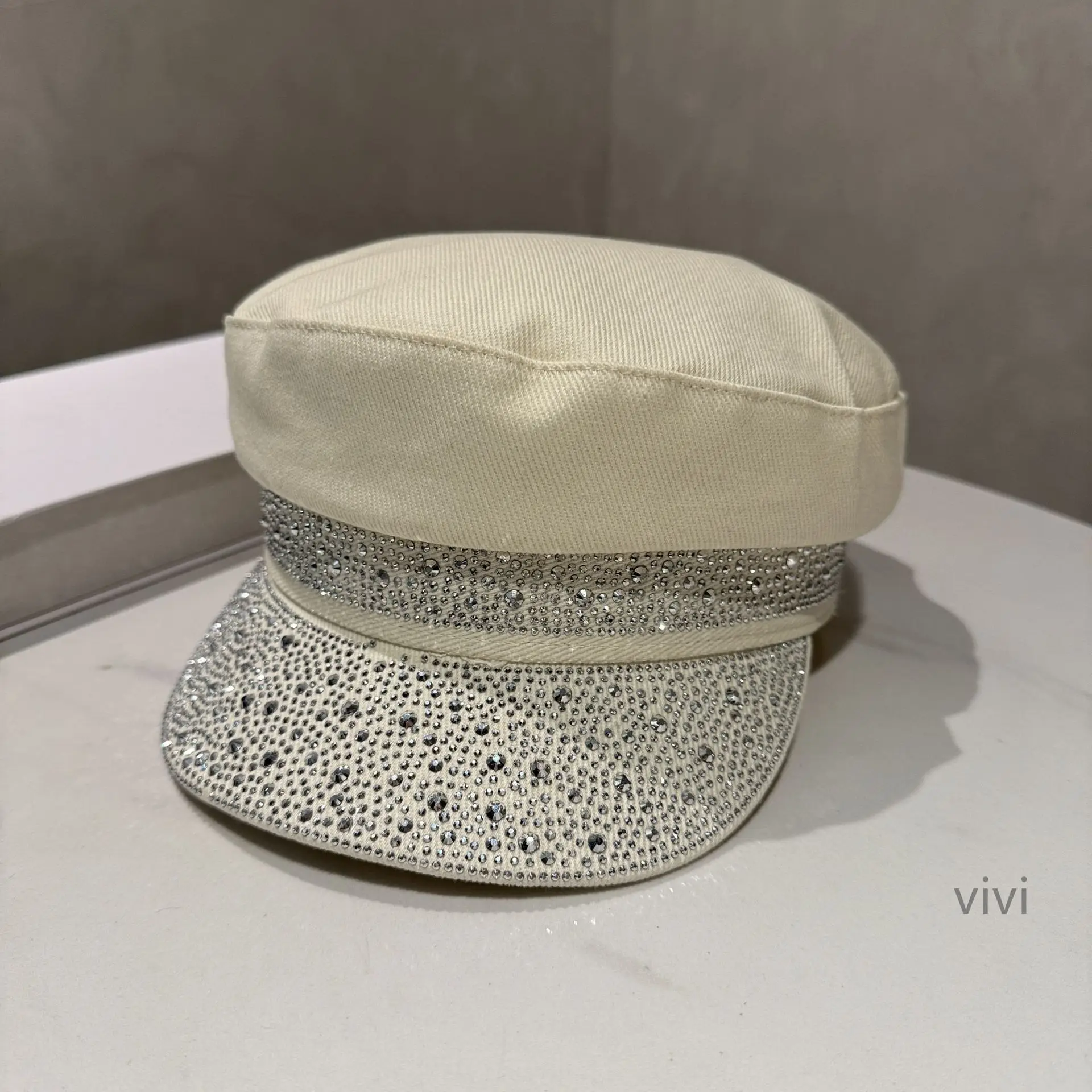 Women Korean Style Diamond Flat Cap Blue Black - Image 2