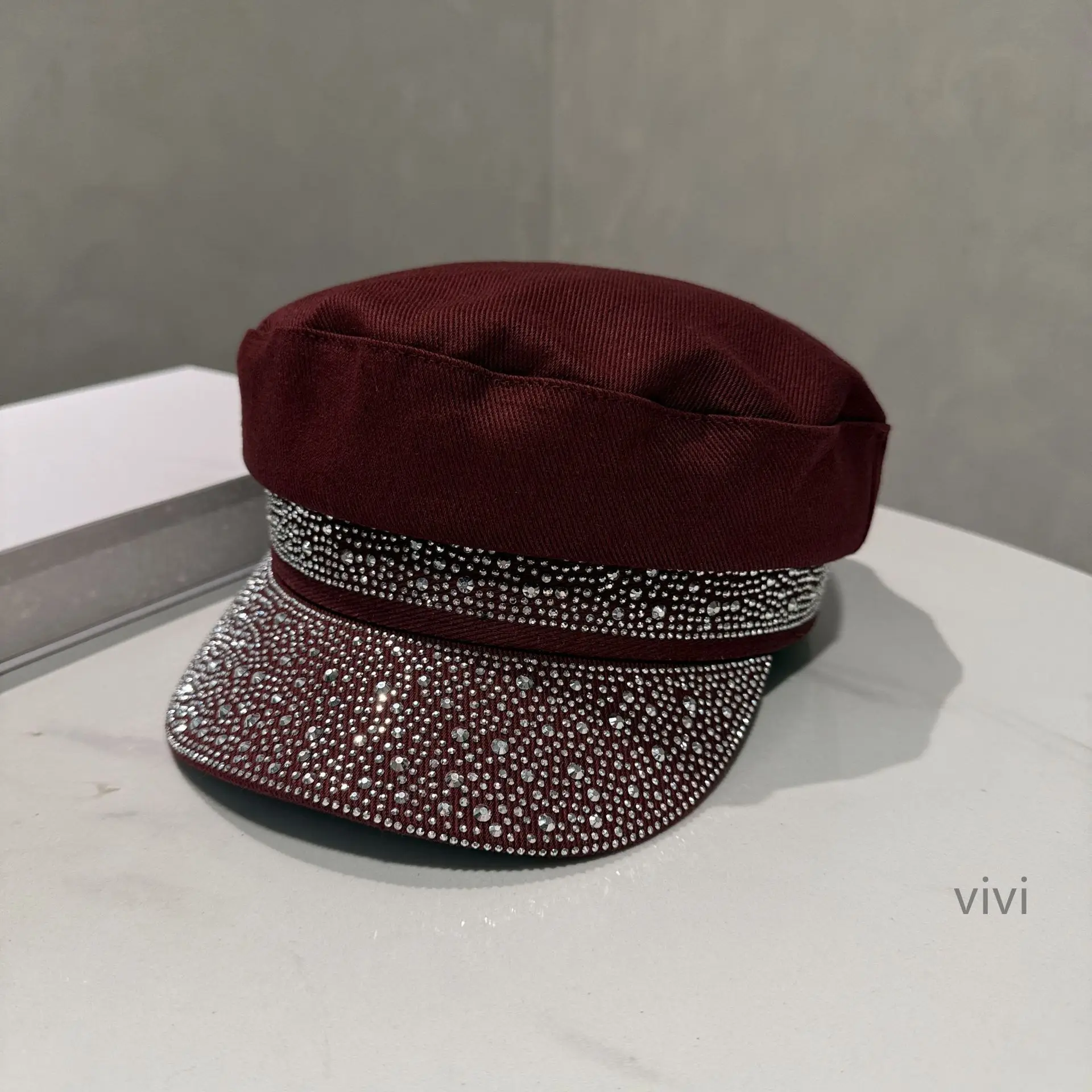Women Korean Style Diamond Flat Cap Blue Black - Image 4