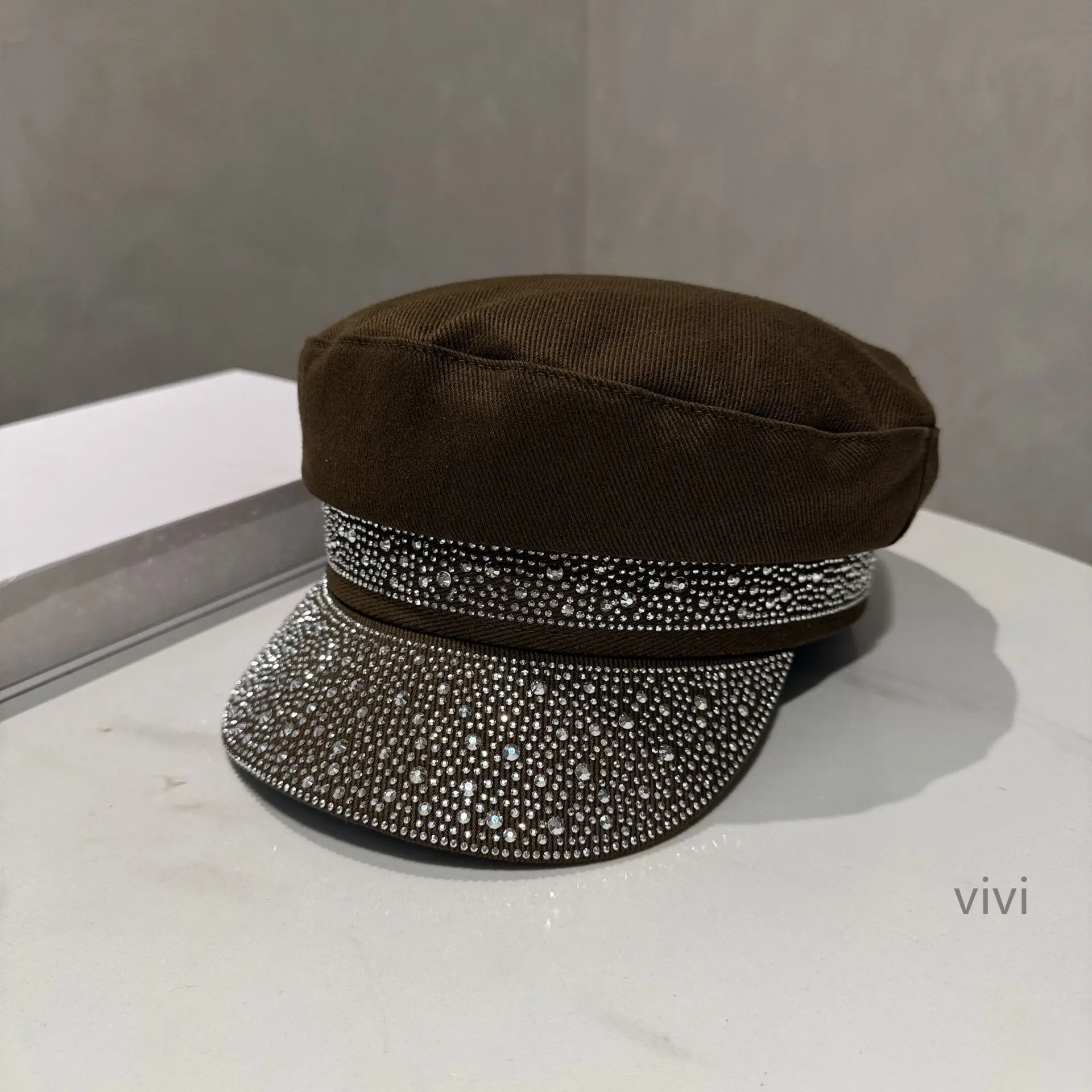Women Korean Style Diamond Flat Cap Blue Black - Image 6