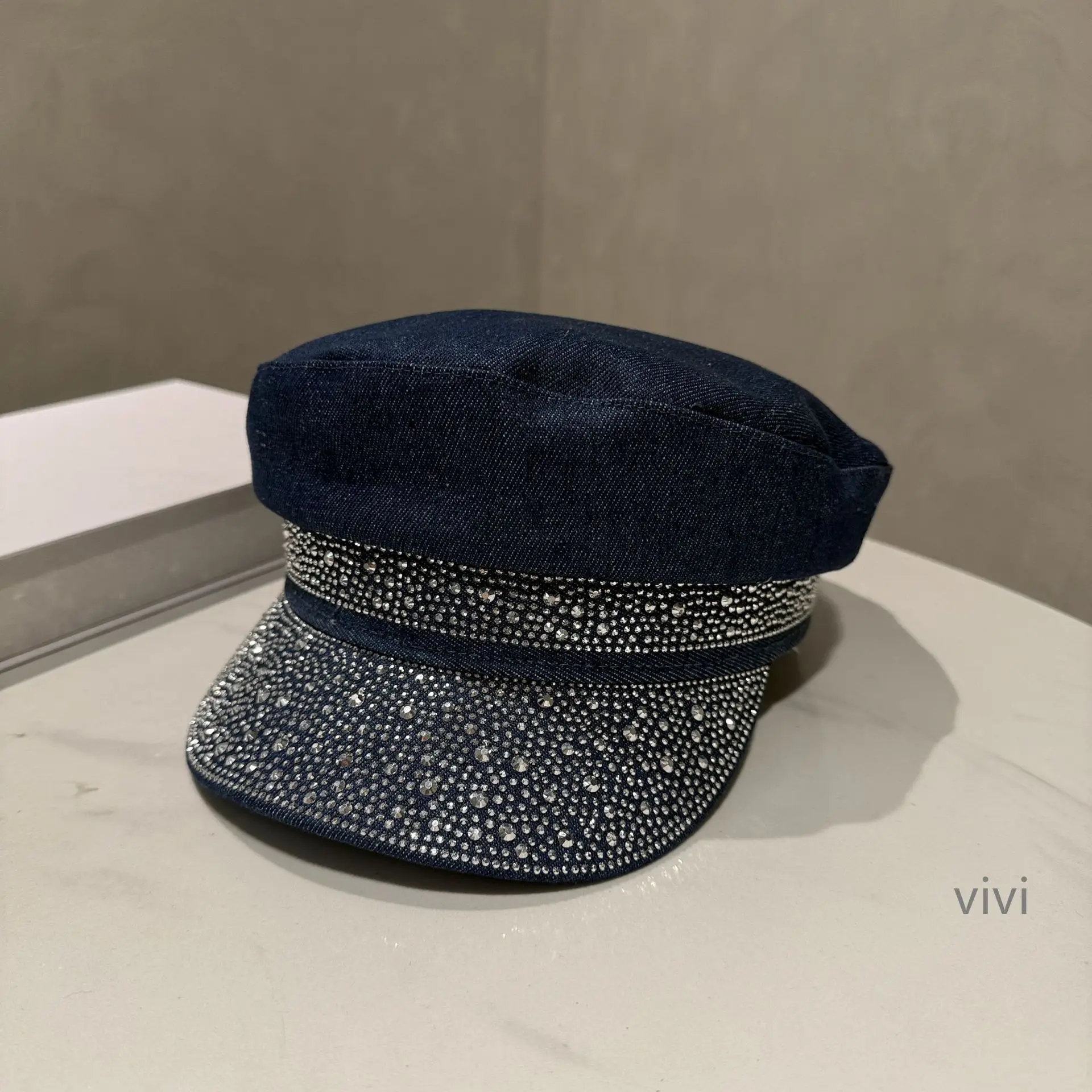 Women Korean Style Diamond Flat Cap Blue Black - Image 7