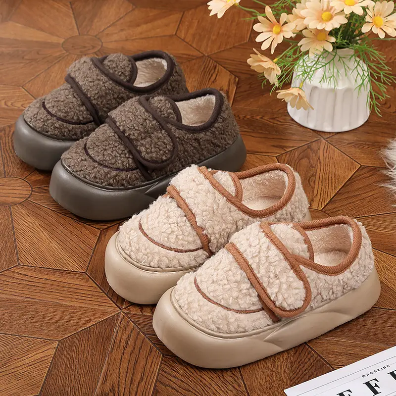 New Eva Bag Heel Thick-Soled Cotton Slippers for Women, Winter Fleece-Lined Warm Outer Wear Furry Shoes Velcro Outer Wear Cotton Slippers