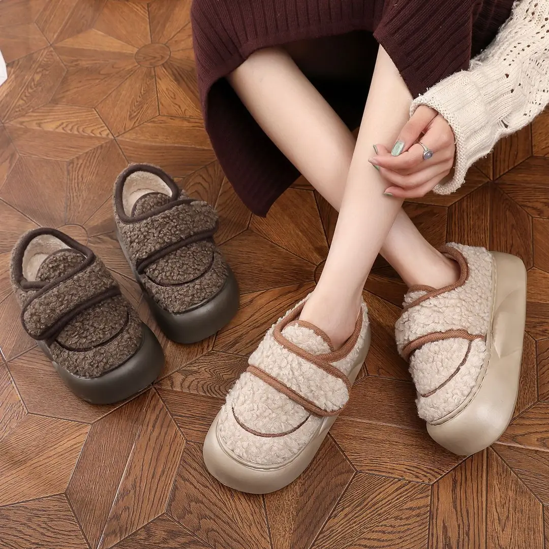 New Eva Bag Heel Thick-Soled Cotton Slippers for Women, Winter Fleece-Lined Warm Outer Wear Furry Shoes Velcro Outer Wear Cotton Slippers