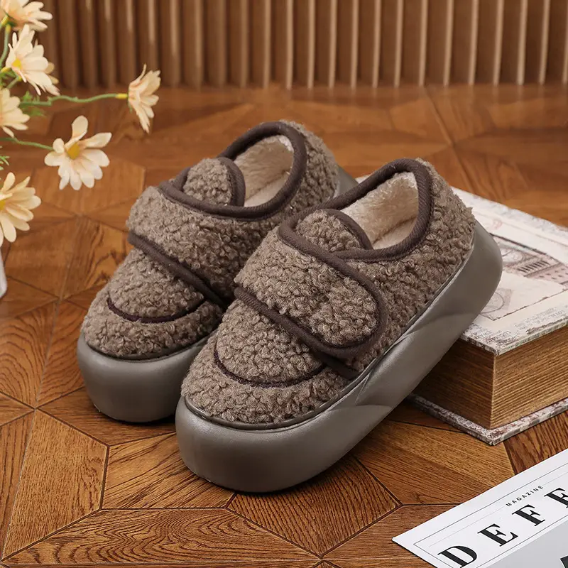 New Eva Bag Heel Thick-Soled Cotton Slippers for Women, Winter Fleece-Lined Warm Outer Wear Furry Shoes Velcro Outer Wear Cotton Slippers