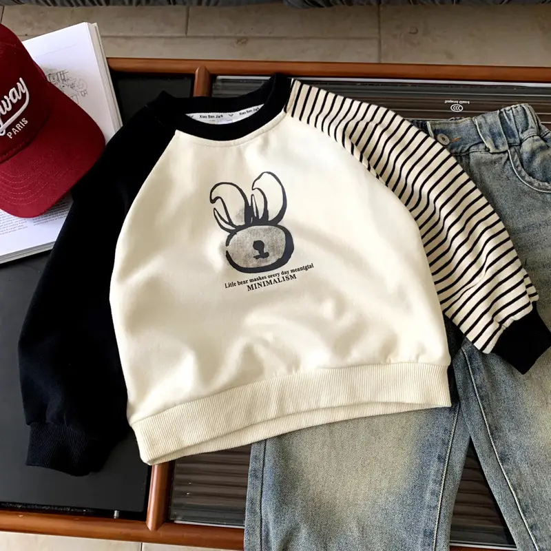 Boys Sweatshirt Cream Black Striped Long Sleeve 2025 — feature 2