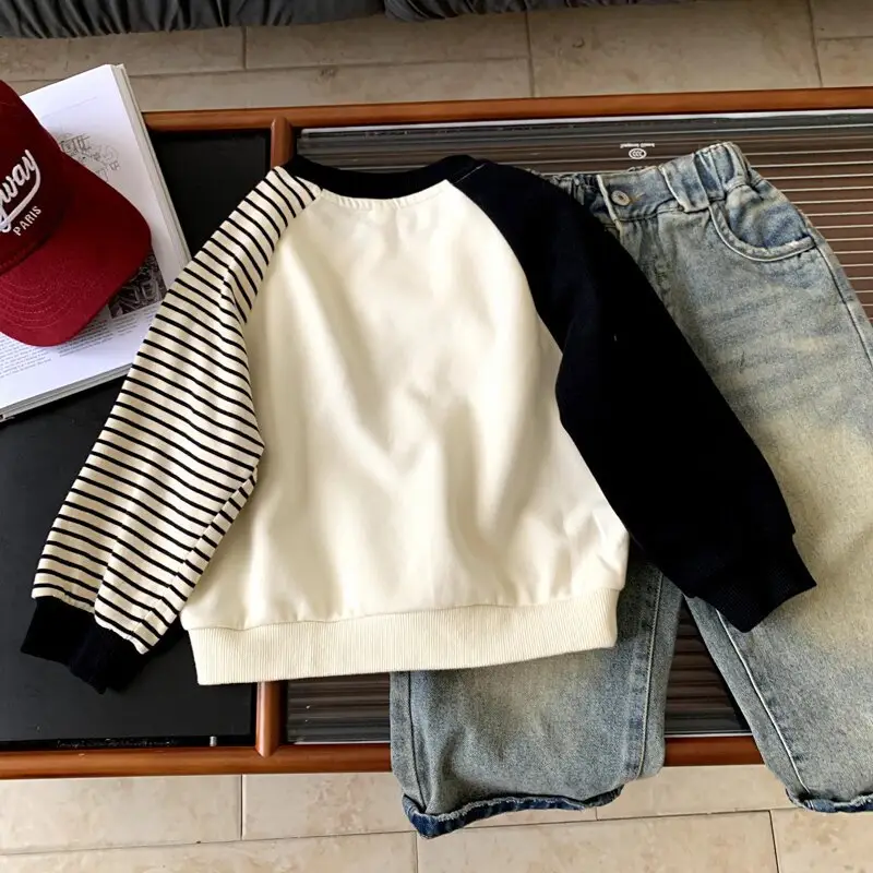 Boys Sweatshirt Cream Black Striped Long Sleeve 2025 — feature 8