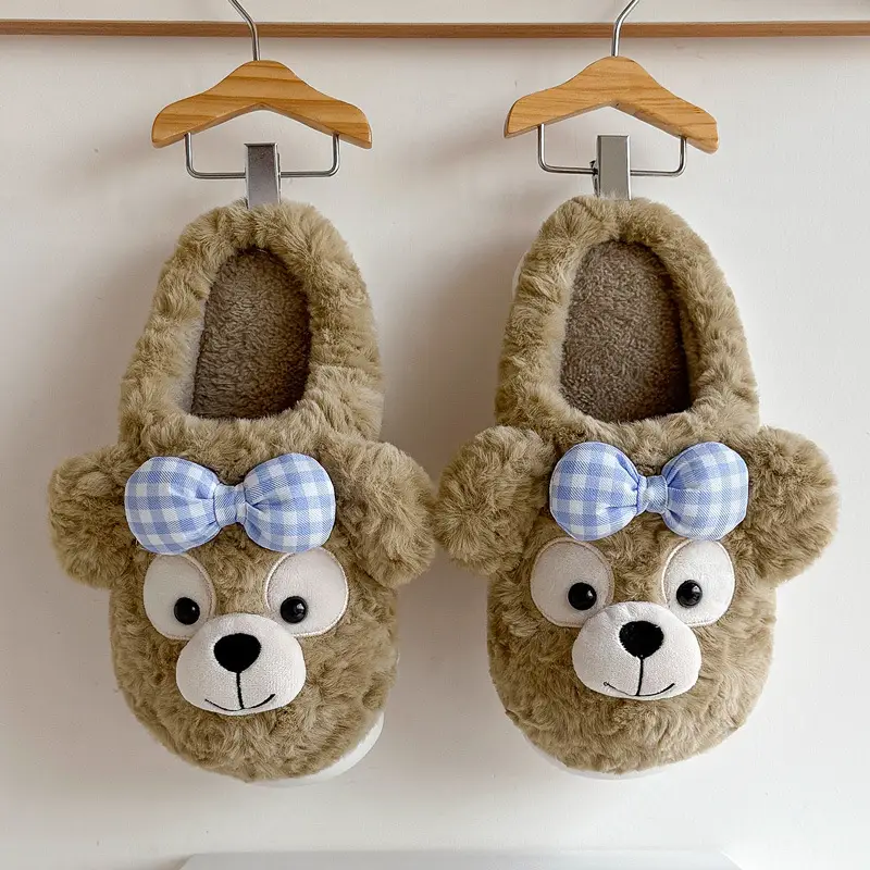 Children's Cotton Slippers for Girls, Winter Bow-Knot Bear Plush Cartoon Ladies' Non-Slip Warm Parent-Child Cotton Slippers for Winter