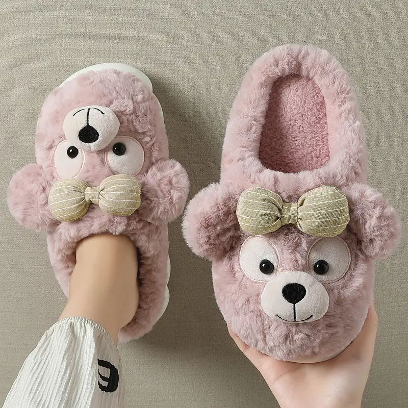 Children's Cotton Slippers for Girls, Winter Bow-Knot Bear Plush Cartoon Ladies' Non-Slip Warm Parent-Child Cotton Slippers for Winter