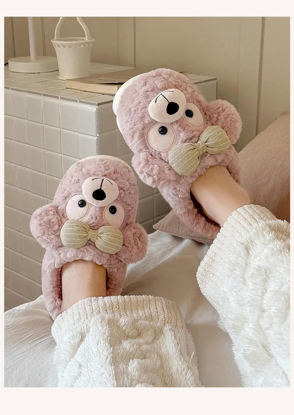 Children's Cotton Slippers for Girls, Winter Bow-Knot Bear Plush Cartoon Ladies' Non-Slip Warm Parent-Child Cotton Slippers for Winter — feature 12