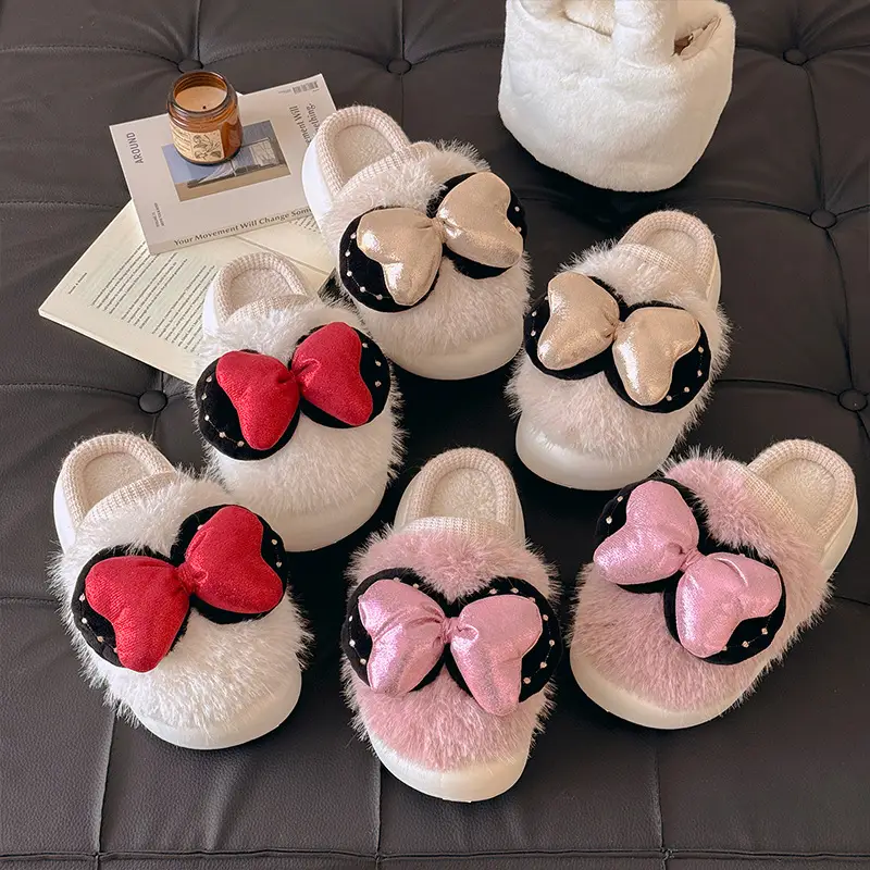 Nanbowan Sweet Bow Cotton Slippers for Women Winter New Indoor Home Fleece-Lined Warm Anti-Slip Cotton Slippers for Women - Image 5