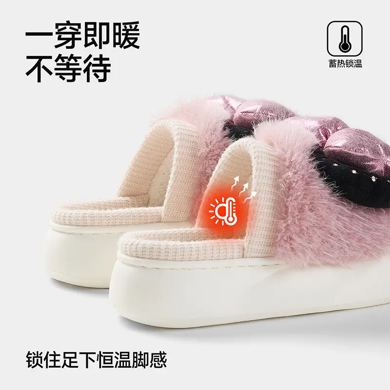 Nanbowan Sweet Bow Cotton Slippers for Women Winter New Indoor Home Fleece-Lined Warm Anti-Slip Cotton Slippers for Women - Image 6