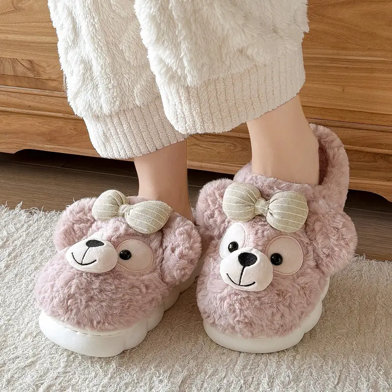 Parent-Child Children's Cotton Slippers for Women, Winter Cute Bear Bow Plush Warm Ladies' Home Furry Slippers for Winter - Image 7