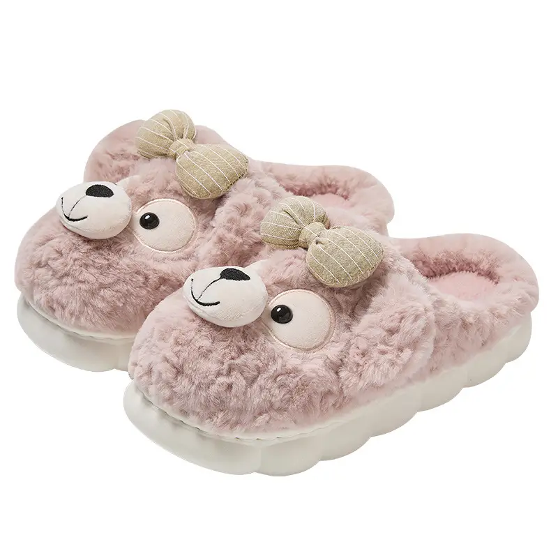 Parent-Child Children's Cotton Slippers for Women, Winter Cute Bear Bow Plush Warm Ladies' Home Furry Slippers for Winter - Image 9