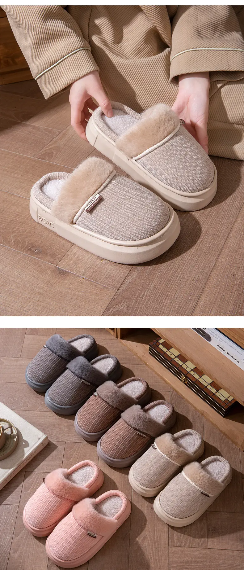 Fleece-Lined Thick Cotton Slippers for Women 2025 New Autumn and Winter Thick-Soled Non-Slip Non-Shedding Eva Home Closed-Toe Slippers for Men — feature 10