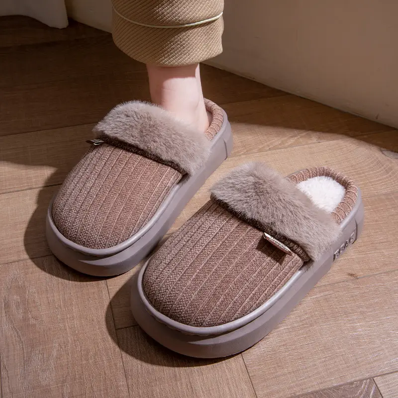Fleece-Lined Thick Cotton Slippers for Women 2025 New Autumn and Winter Thick-Soled Non-Slip Non-Shedding Eva Home Closed-Toe Slippers for Men