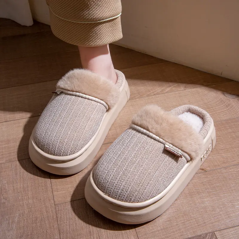 Fleece-Lined Thick Cotton Slippers for Women 2025 New Autumn and Winter Thick-Soled Non-Slip Non-Shedding Eva Home Closed-Toe Slippers for Men - Image 2