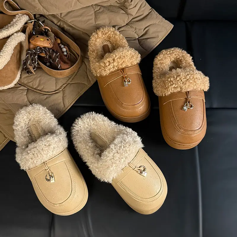 Women's Outdoor Cotton Slippers 2025 New Autumn and Winter Closed-Toe Thick-Soled Plush Slippers Non-Slip Home Birkenstock Cotton Slippers - Image 5