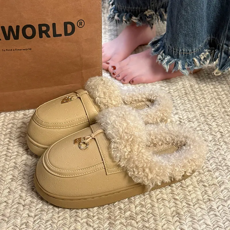Women's Outdoor Cotton Slippers 2025 New Autumn and Winter Closed-Toe Thick-Soled Plush Slippers Non-Slip Home Birkenstock Cotton Slippers - Image 2
