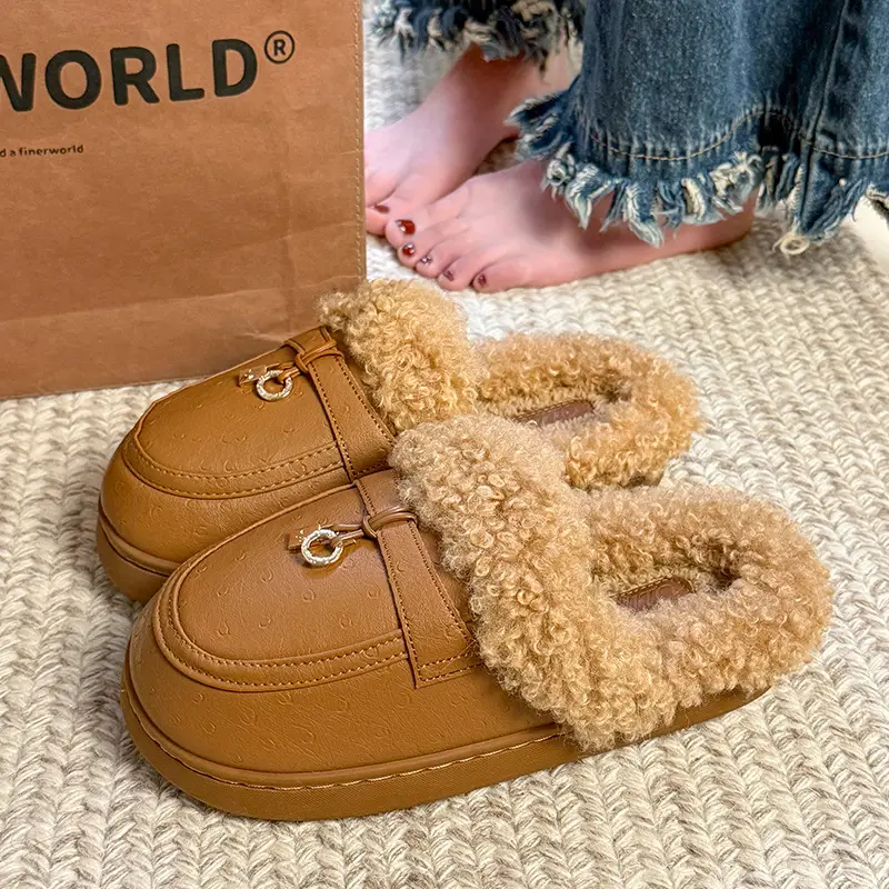 Women's Outdoor Cotton Slippers 2025 New Autumn and Winter Closed-Toe Thick-Soled Plush Slippers Non-Slip Home Birkenstock Cotton Slippers - Image 3
