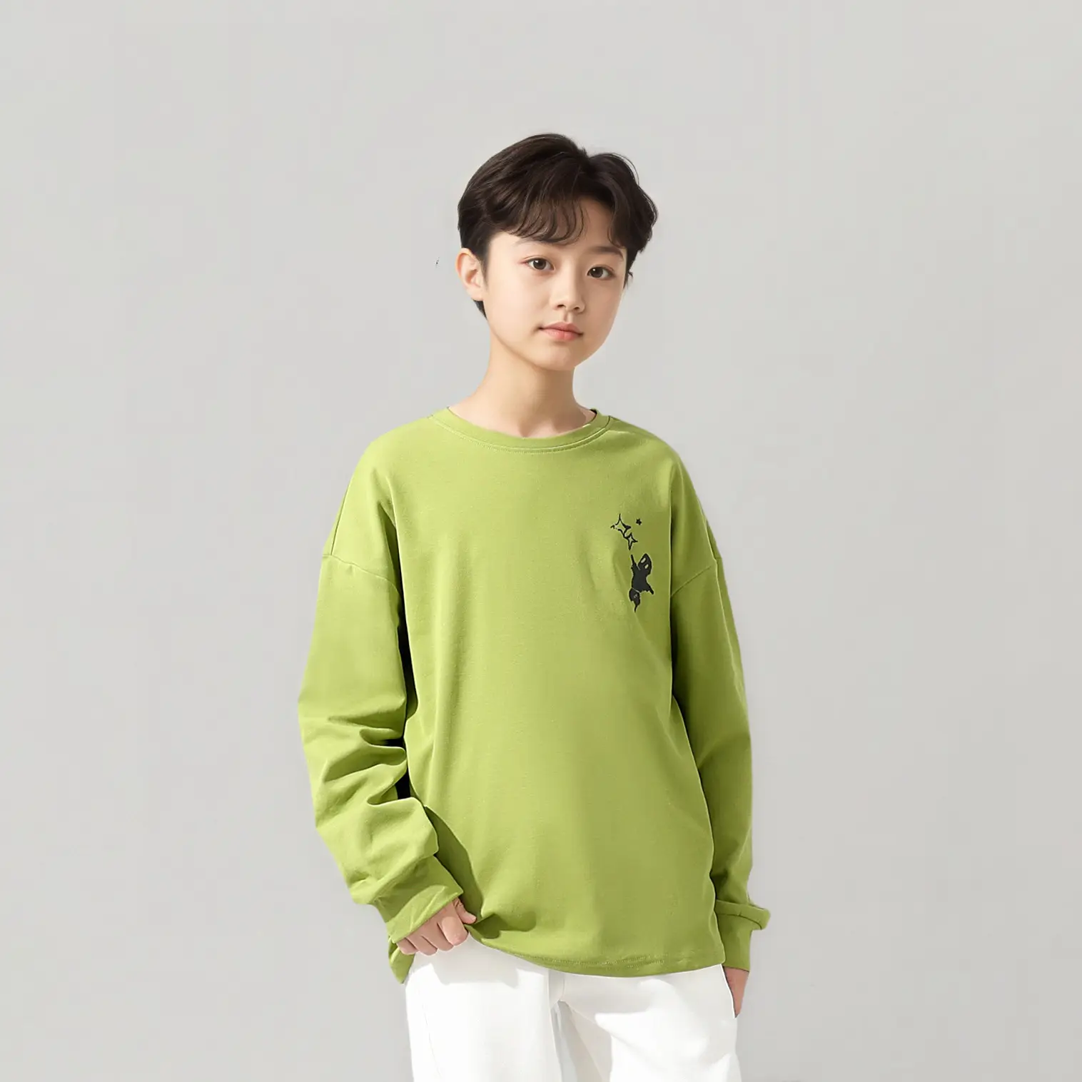 Kids Korean Style Long Sleeve Printed T-Shirt Green - Image 3