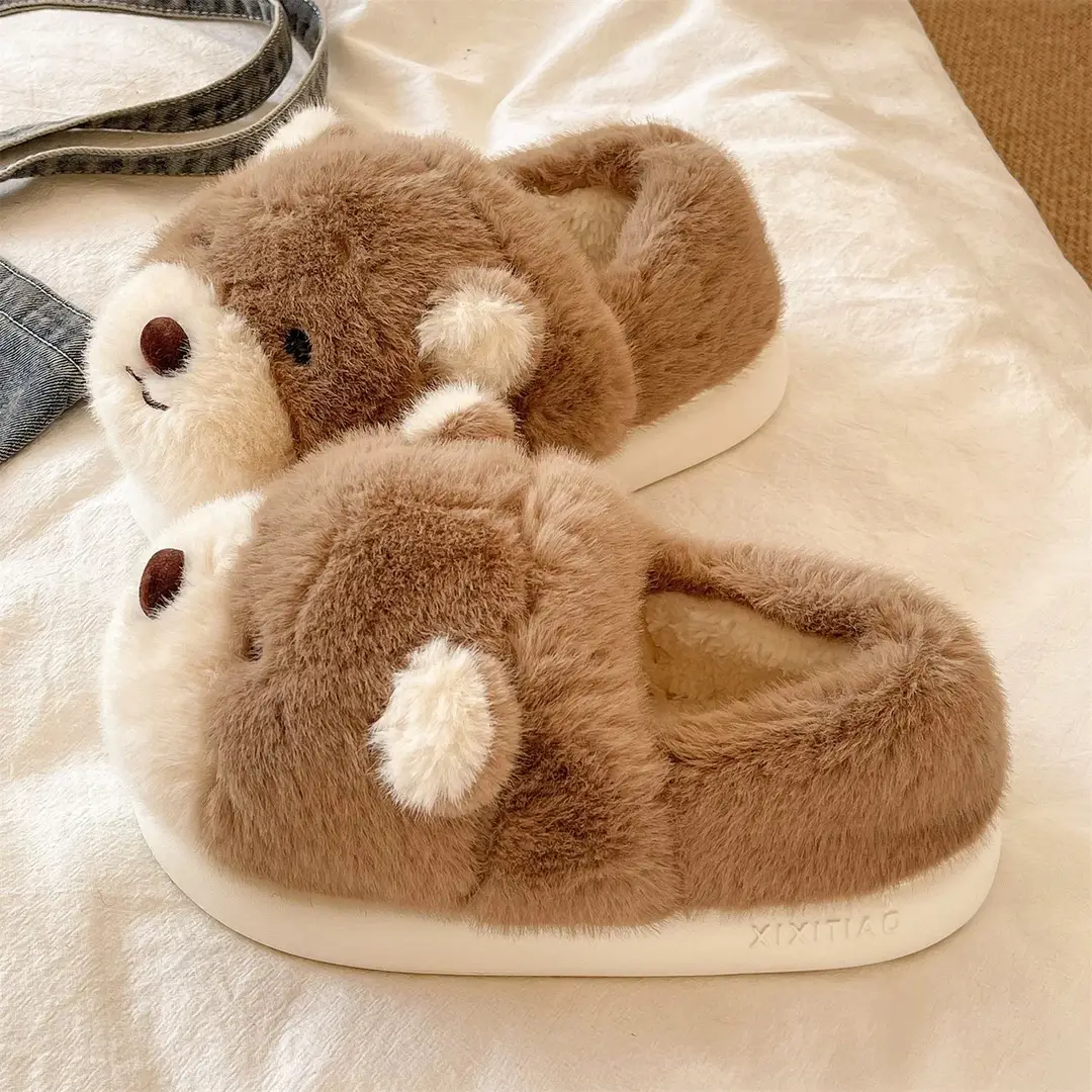 Cartoon Bear Cotton Slippers for Women Winter Couples Indoor Home Warm Stuffed Anti-Slip Thick Sole Cute Bag Heel Cotton Shoes