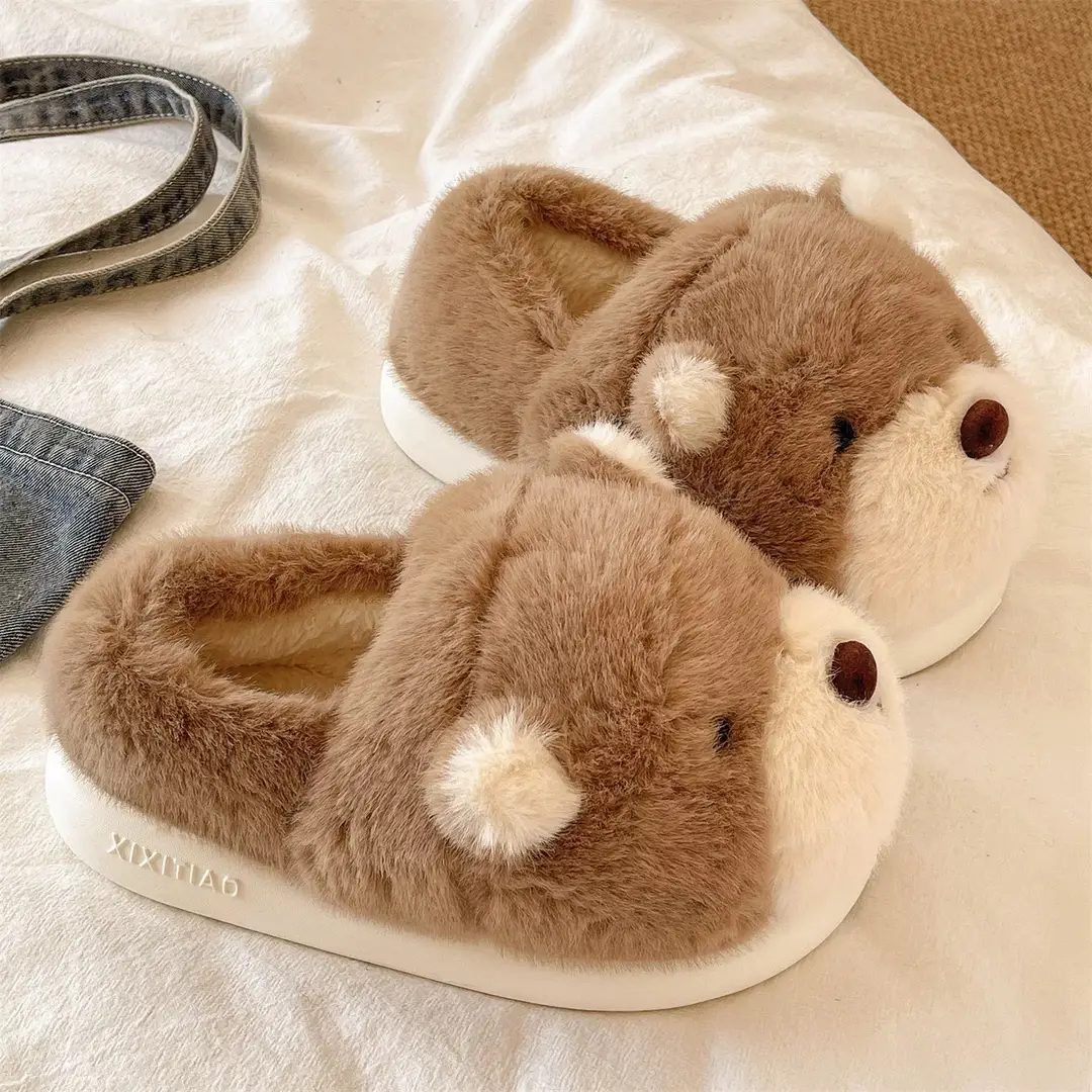 Cartoon Bear Cotton Slippers for Women Winter Couples Indoor Home Warm Stuffed Anti-Slip Thick Sole Cute Bag Heel Cotton Shoes