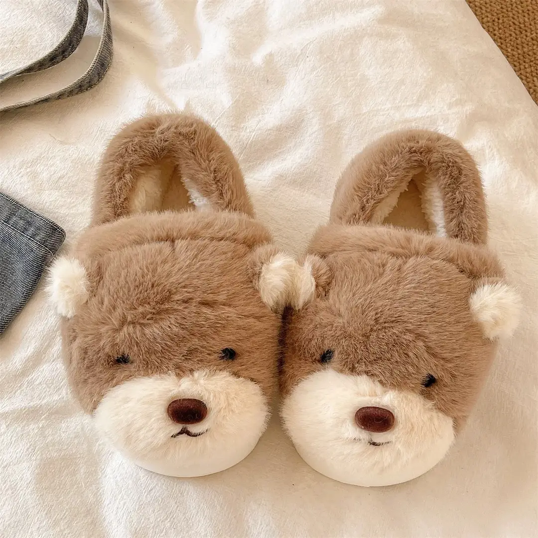 Cartoon Bear Cotton Slippers for Women Winter Couples Indoor Home Warm Stuffed Anti-Slip Thick Sole Cute Bag Heel Cotton Shoes