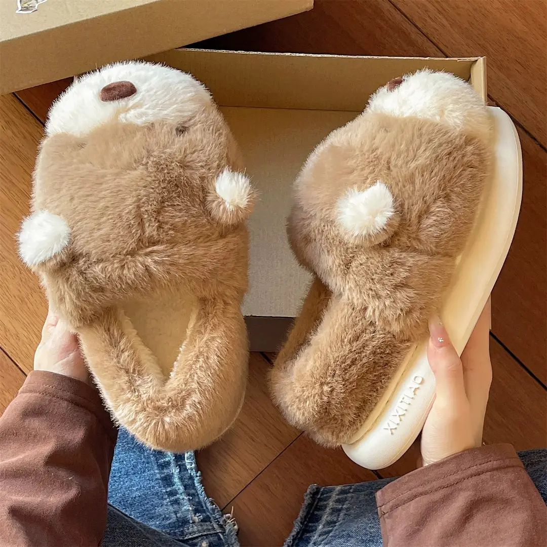 Cartoon Bear Cotton Slippers for Women Winter Couples Indoor Home Warm Stuffed Anti-Slip Thick Sole Cute Bag Heel Cotton Shoes