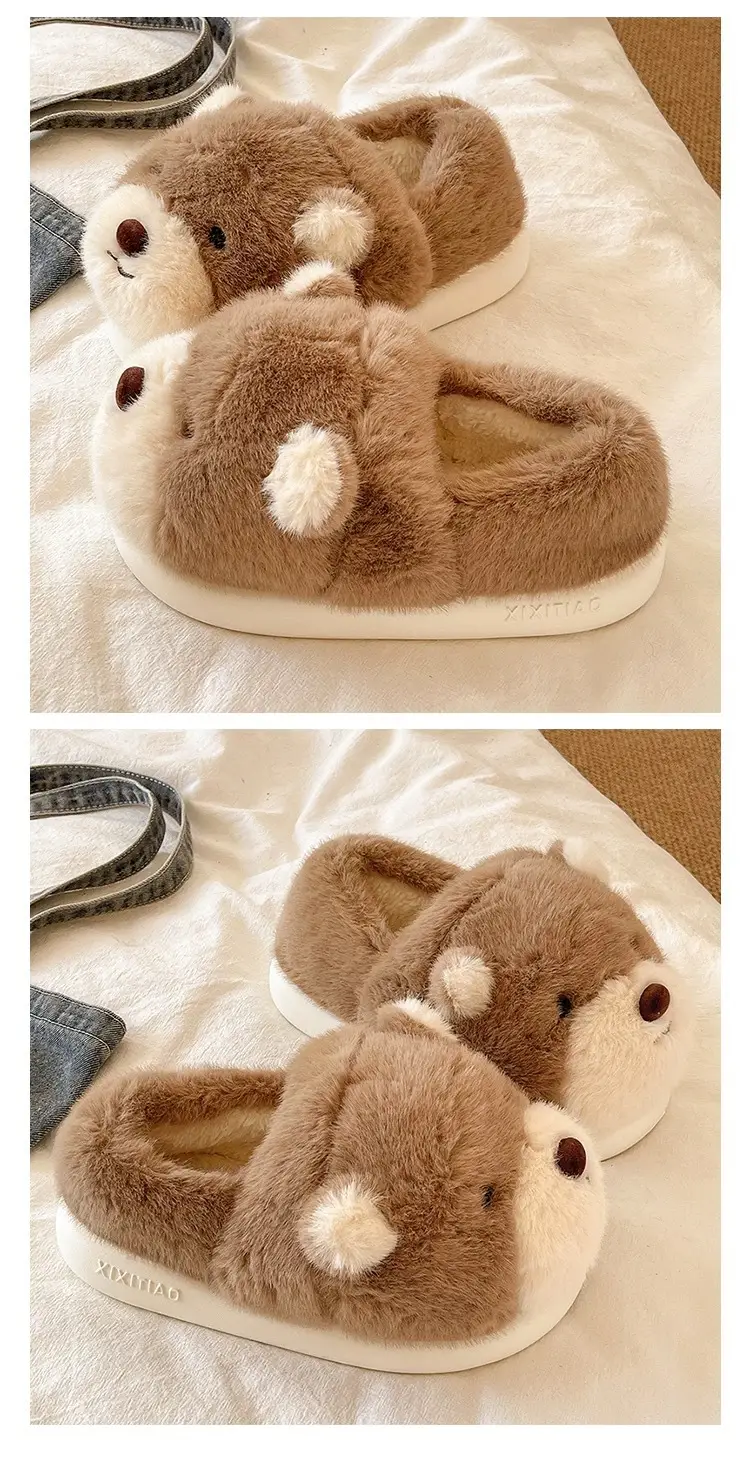 Cartoon Bear Cotton Slippers for Women Winter Couples Indoor Home Warm Stuffed Anti-Slip Thick Sole Cute Bag Heel Cotton Shoes — feature 2