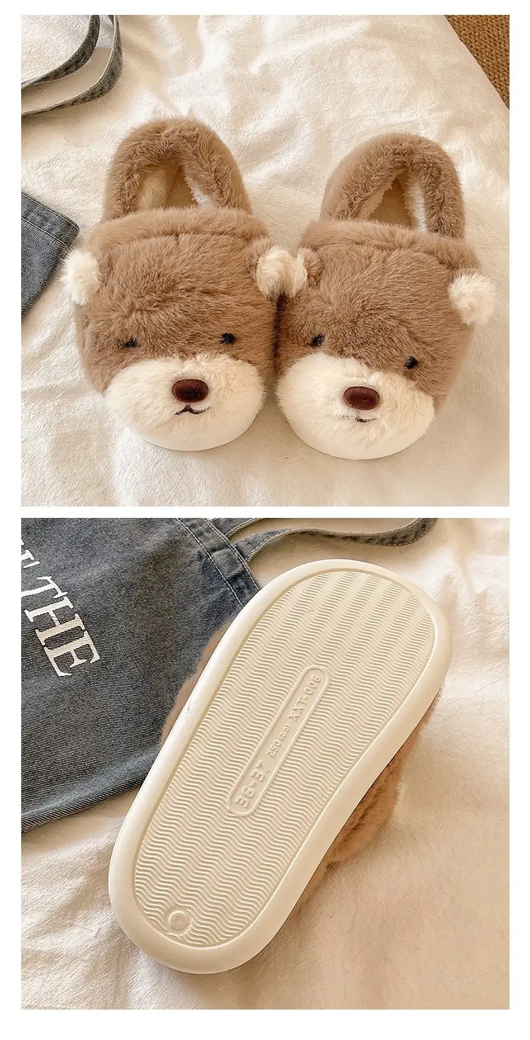 Cartoon Bear Cotton Slippers for Women Winter Couples Indoor Home Warm Stuffed Anti-Slip Thick Sole Cute Bag Heel Cotton Shoes — feature 3