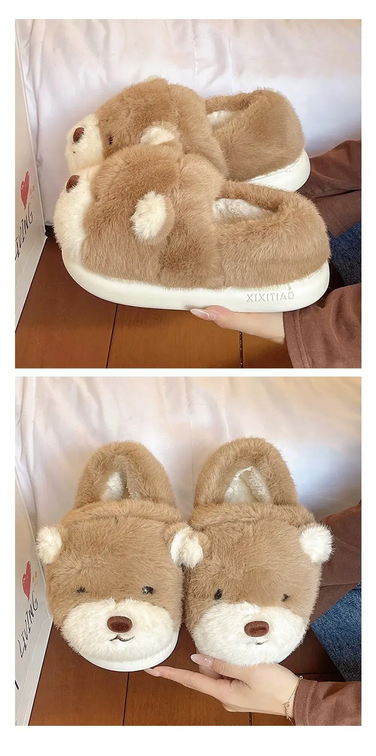 Cartoon Bear Cotton Slippers for Women Winter Couples Indoor Home Warm Stuffed Anti-Slip Thick Sole Cute Bag Heel Cotton Shoes — feature 5