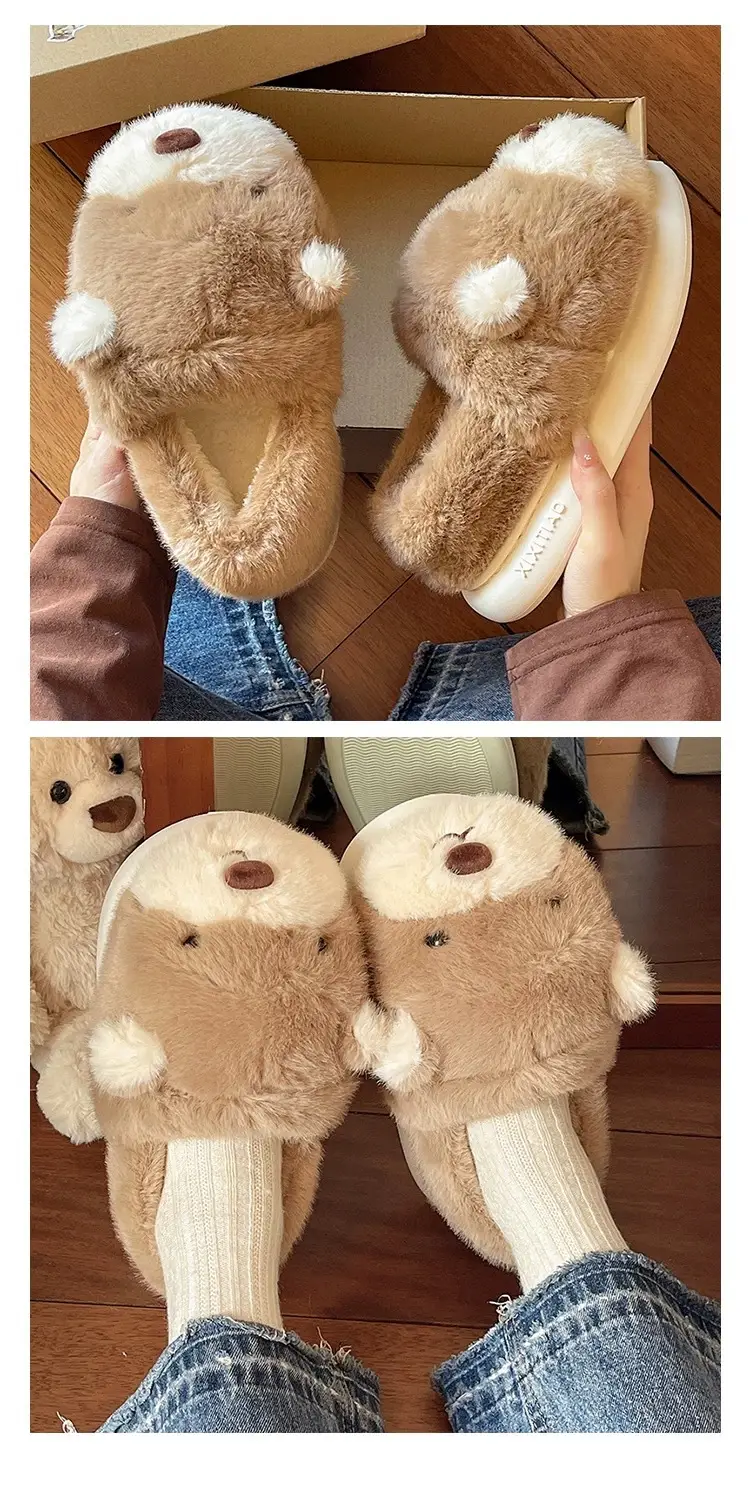Cartoon Bear Cotton Slippers for Women Winter Couples Indoor Home Warm Stuffed Anti-Slip Thick Sole Cute Bag Heel Cotton Shoes — feature 6