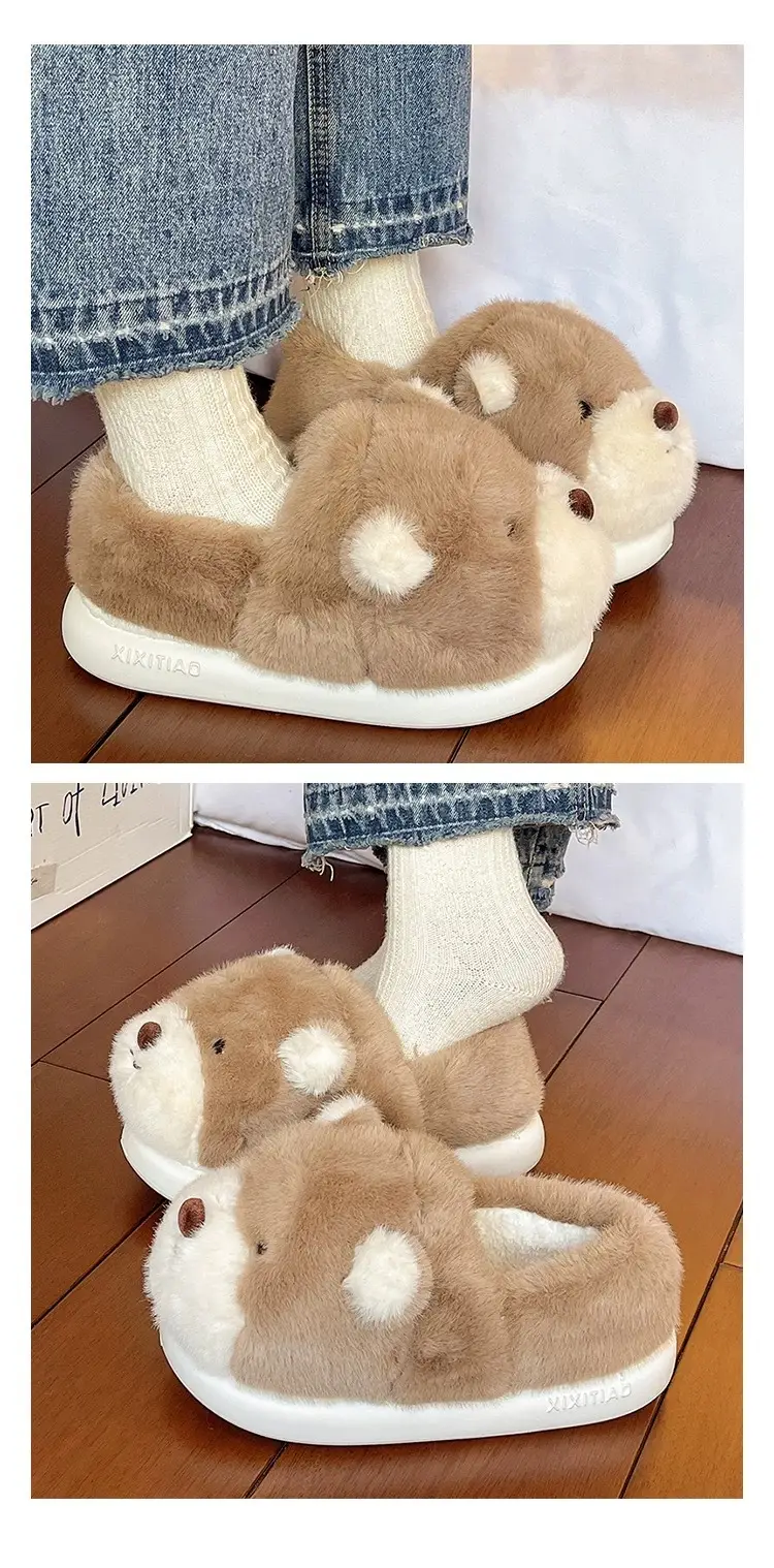 Cartoon Bear Cotton Slippers for Women Winter Couples Indoor Home Warm Stuffed Anti-Slip Thick Sole Cute Bag Heel Cotton Shoes — feature 7