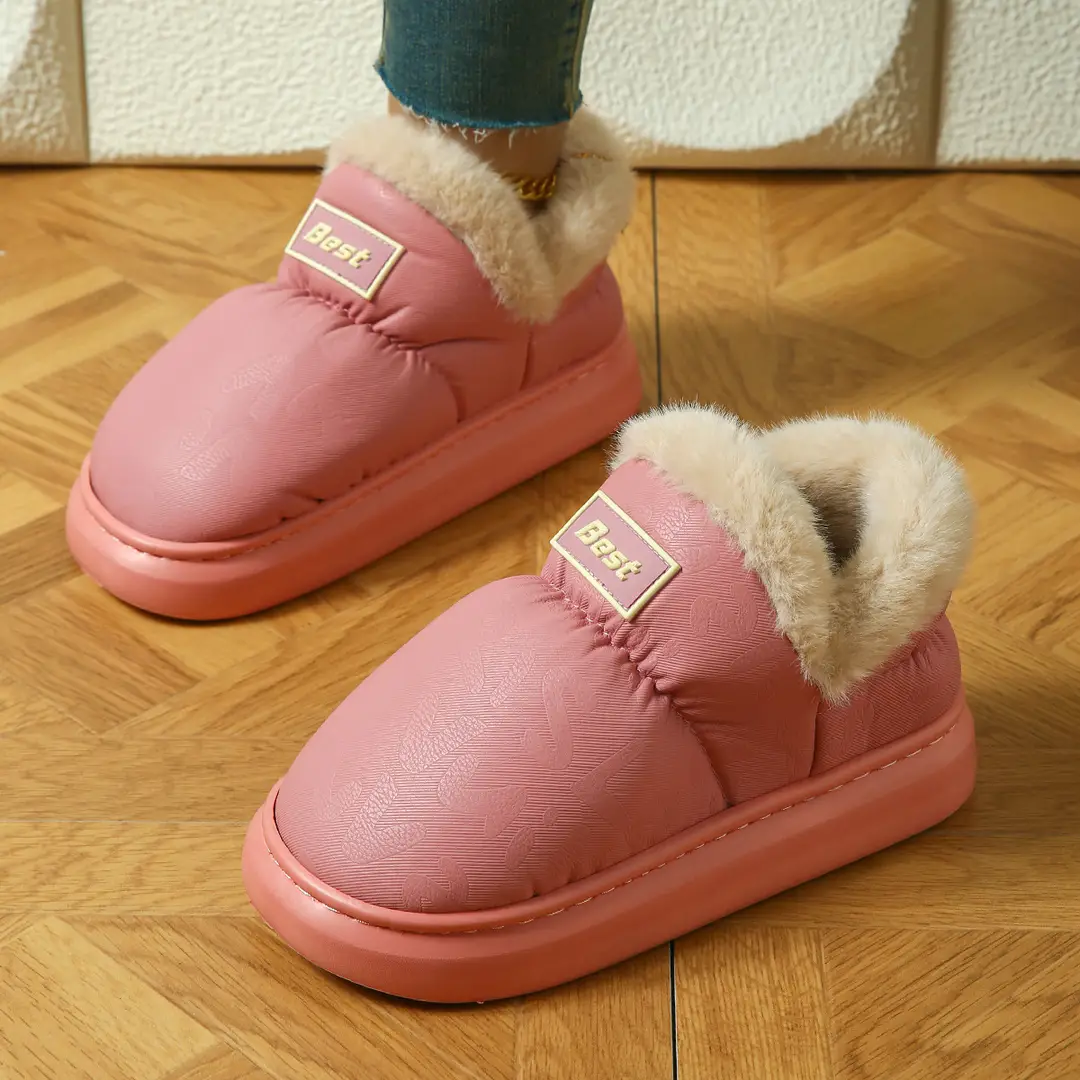 Pu Leather Cotton Slippers for Women in Autumn and Winter, Warm Home Eva Thick-Soled Non-Slip Indoor and Outdoor Wear Waterproof Fleece-Lined Cotton Slippers for Women - Image 2