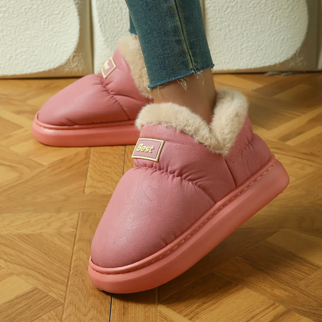 Pu Leather Cotton Slippers for Women in Autumn and Winter, Warm Home Eva Thick-Soled Non-Slip Indoor and Outdoor Wear Waterproof Fleece-Lined Cotton Slippers for Women - Image 3