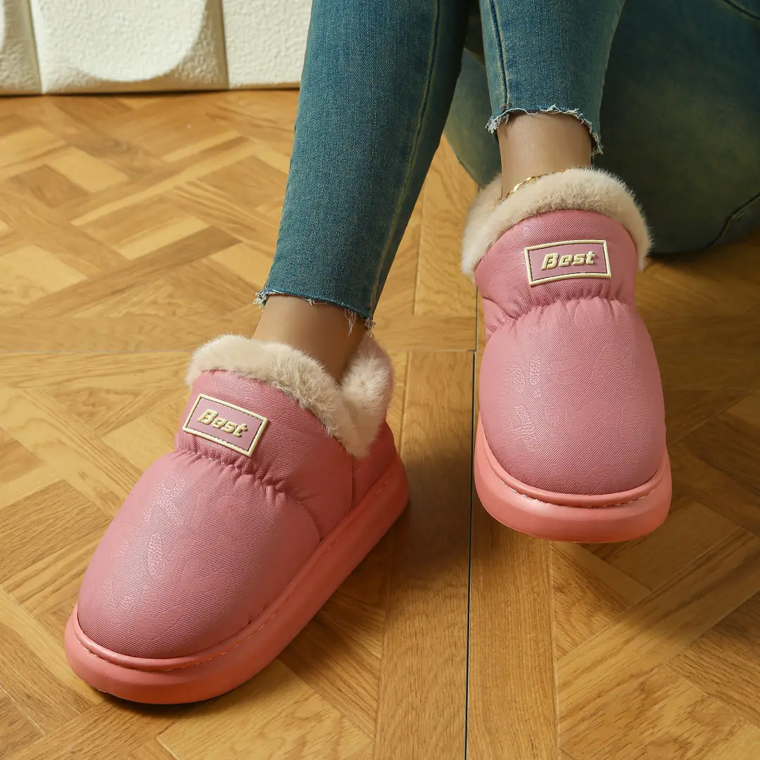 Pu Leather Cotton Slippers for Women in Autumn and Winter, Warm Home Eva Thick-Soled Non-Slip Indoor and Outdoor Wear Waterproof Fleece-Lined Cotton Slippers for Women - Image 4