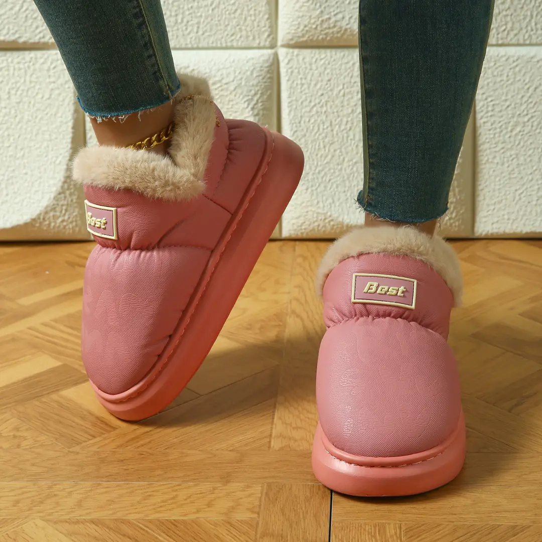 Pu Leather Cotton Slippers for Women in Autumn and Winter, Warm Home Eva Thick-Soled Non-Slip Indoor and Outdoor Wear Waterproof Fleece-Lined Cotton Slippers for Women - Image 5