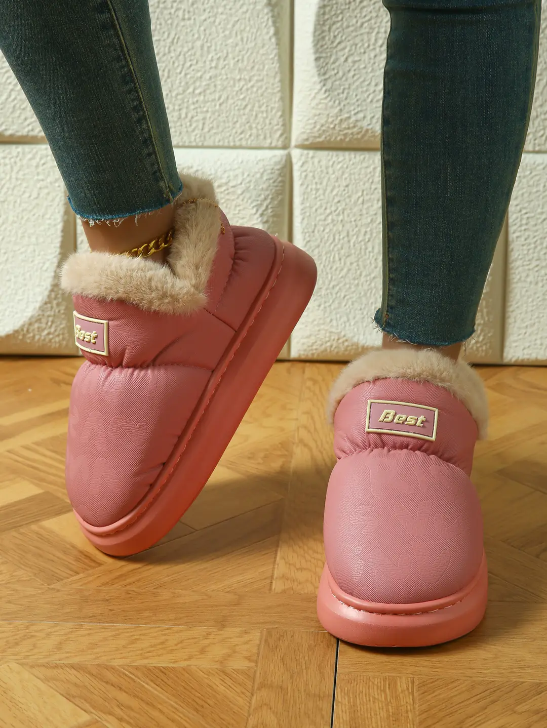 Pu Leather Cotton Slippers for Women in Autumn and Winter, Warm Home Eva Thick-Soled Non-Slip Indoor and Outdoor Wear Waterproof Fleece-Lined Cotton Slippers for Women — feature 3