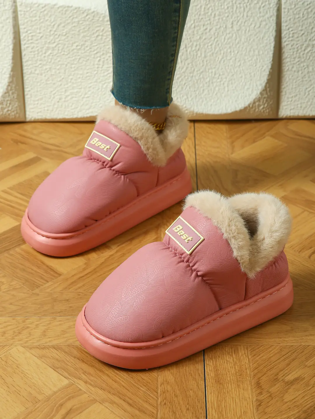 Pu Leather Cotton Slippers for Women in Autumn and Winter, Warm Home Eva Thick-Soled Non-Slip Indoor and Outdoor Wear Waterproof Fleece-Lined Cotton Slippers for Women — feature 5