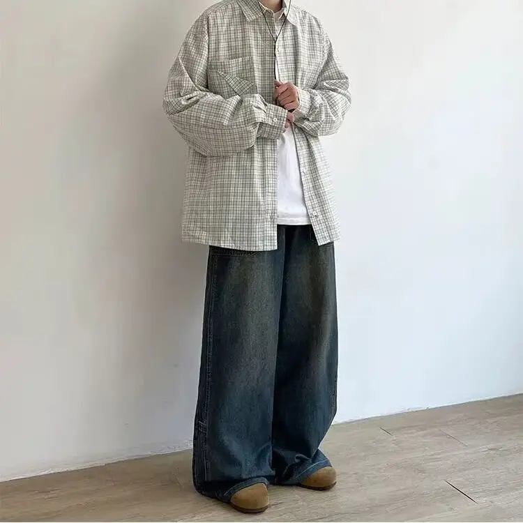 Men Wide Leg Distressed Jeans American Design High Street Washed
