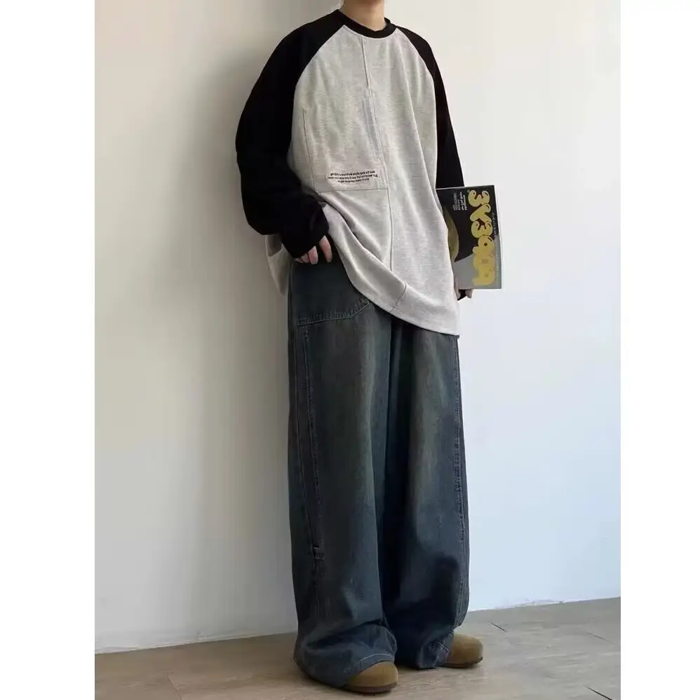 Men Wide Leg Distressed Jeans American Design High Street Washed