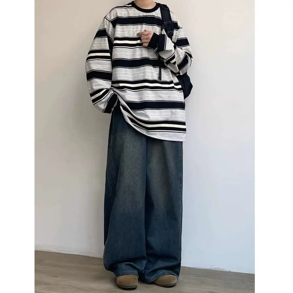 Men Wide Leg Distressed Jeans American Design High Street Washed