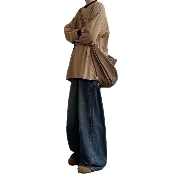 Men Wide Leg Distressed Jeans American Design High Street Washed